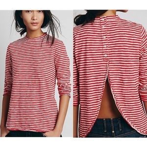 Free people we the free stripes red long sleeves half open back blouse top